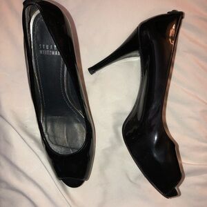 NARROW! Stuart Weitzman black patent leather peep toe stilettos 8-Bbb